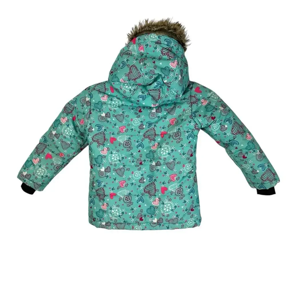 Gusti Kids Teal Puffer Jacket Pink Hearts Size 5 Winter Warm Coat